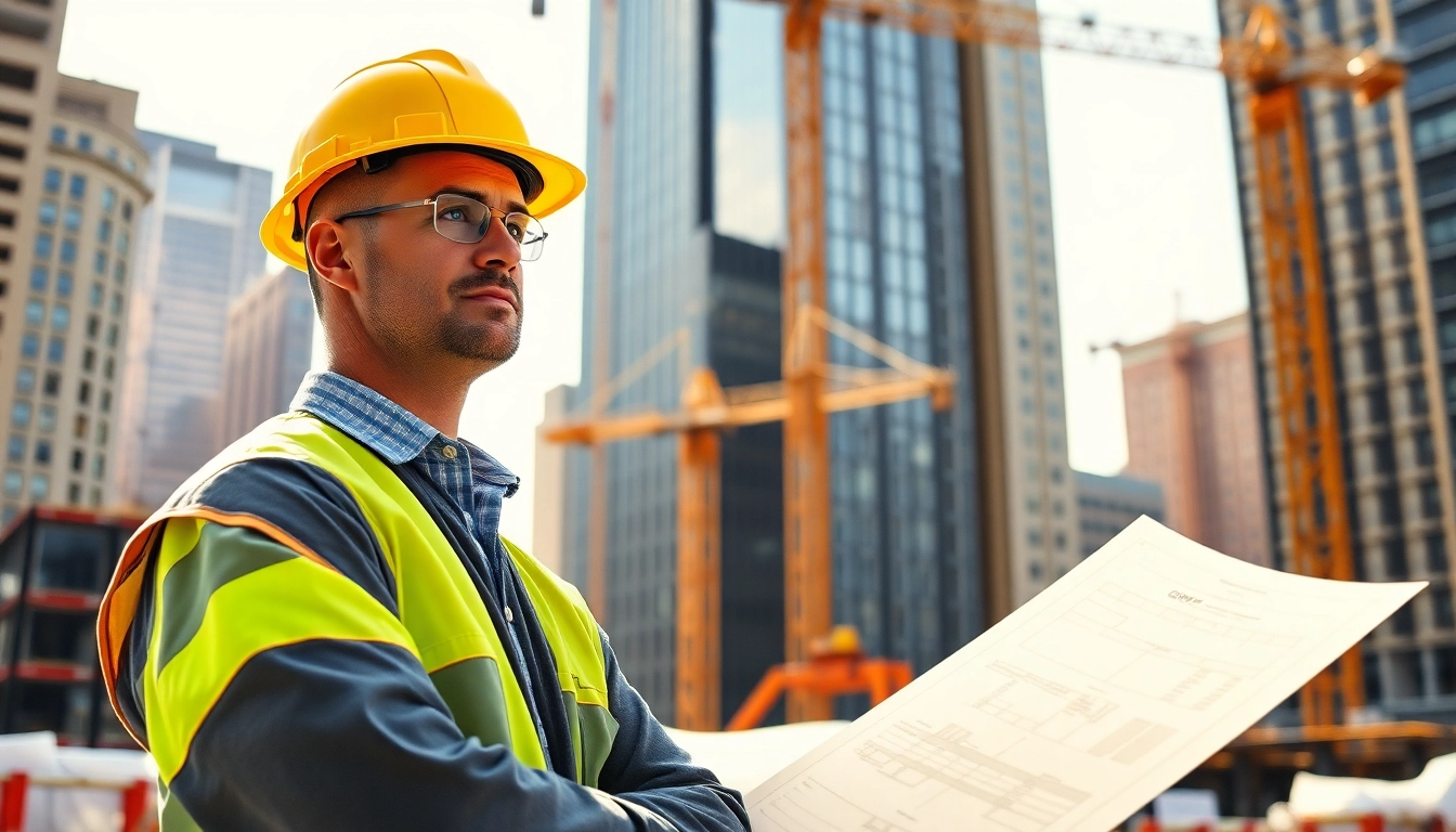 New York City Construction Manager supervising a construction site with blueprints and workers.