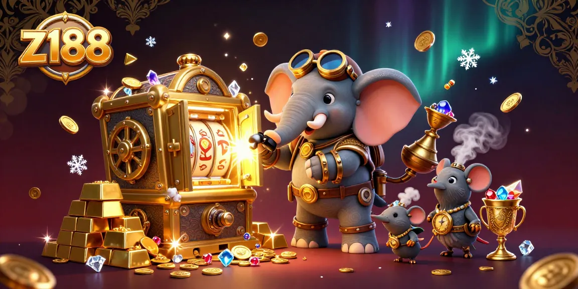 Spin the golden slot machine at z188, surrounded by treasure and vibrant 3D fantasy elements.