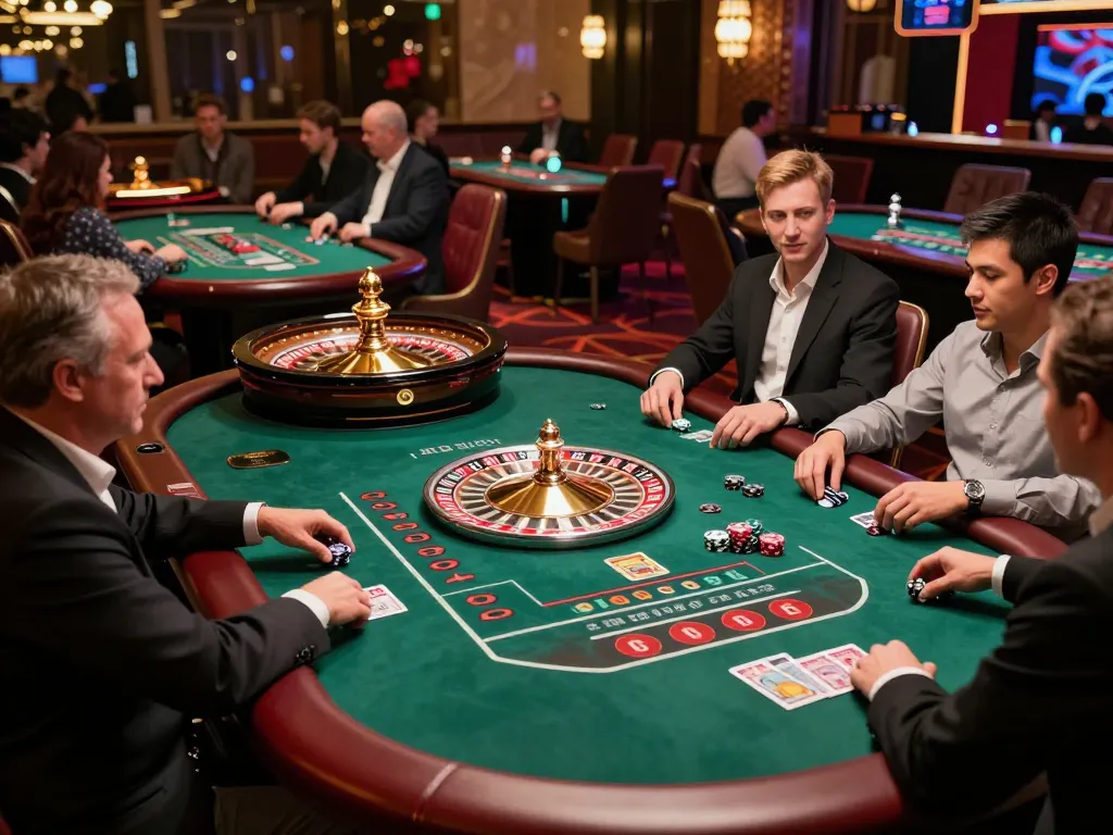 Experience thrilling gameplay at uu88 with vibrant table games and excited players in a luxurious casino setting.
