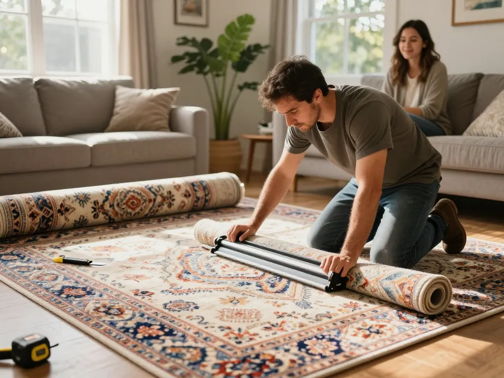 Expert carpet fitters near me installing plush carpet in a cozy living room.