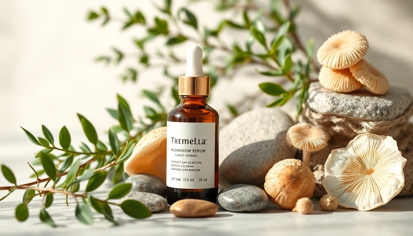 Tremella mushroom serum bottle highlighted among fresh mushrooms and greenery, showcasing natural skincare essence.