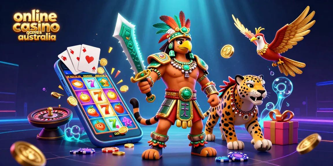 Play engaging online casino games in Australia with exciting 3D Aztec-themed characters and vibrant casino elements.