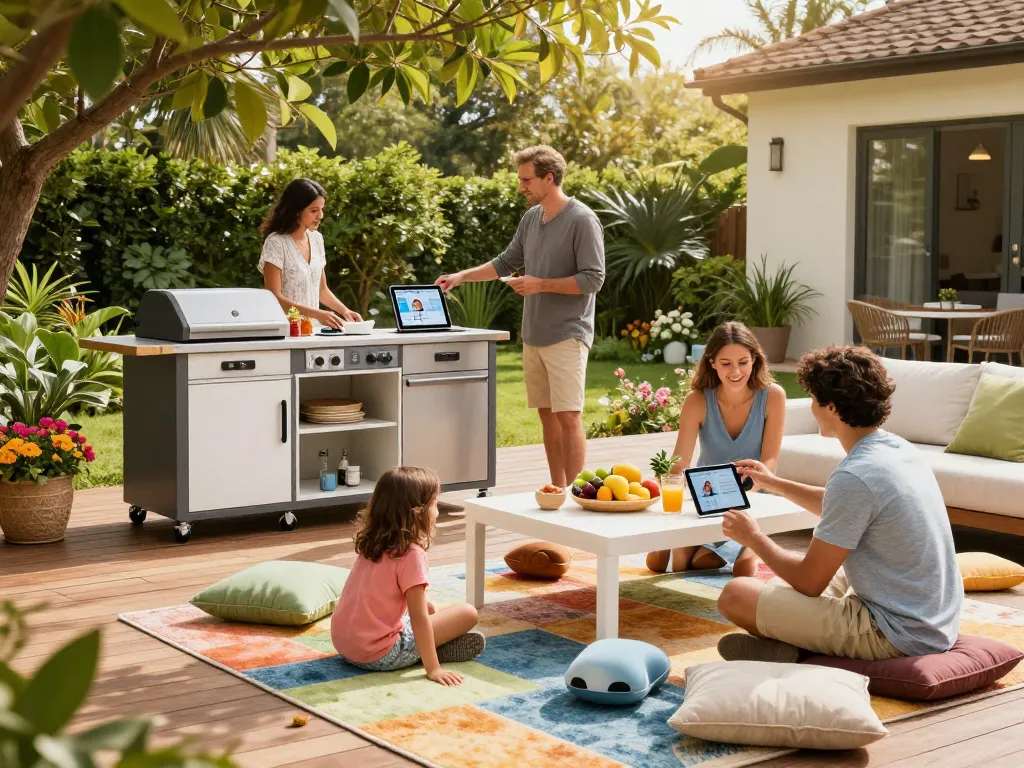 Outdoor living configurator in use as a family designs their backyard setup together.