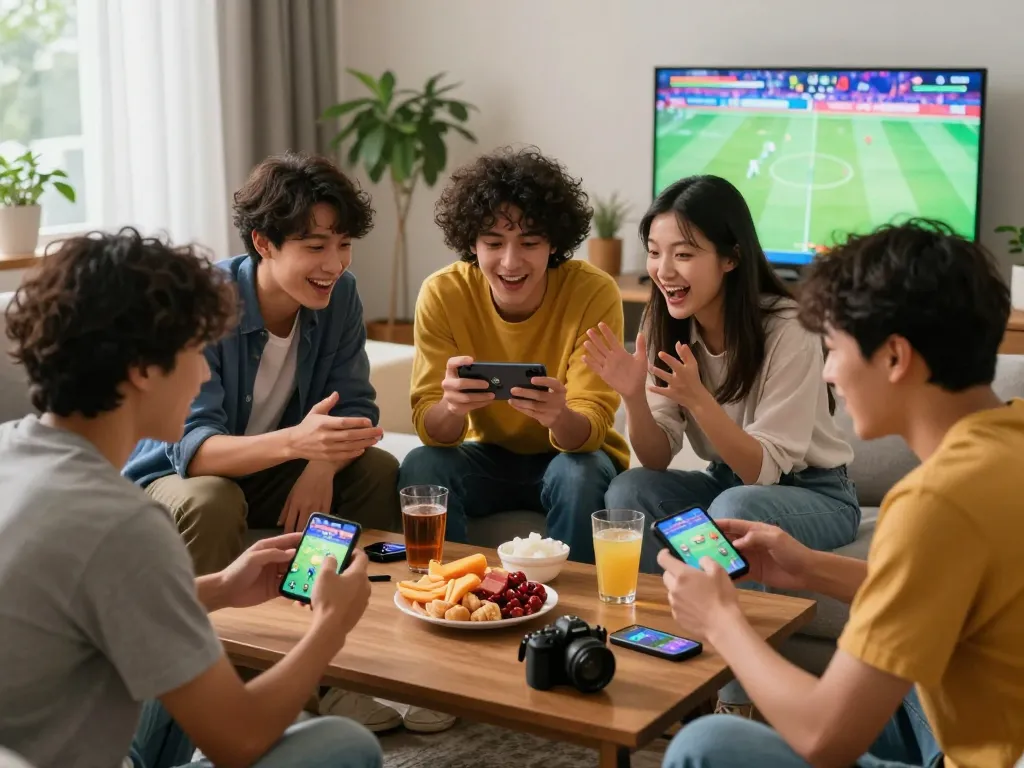 Excited players engaged in 92dadu game on smartphone, cozy gaming atmosphere.