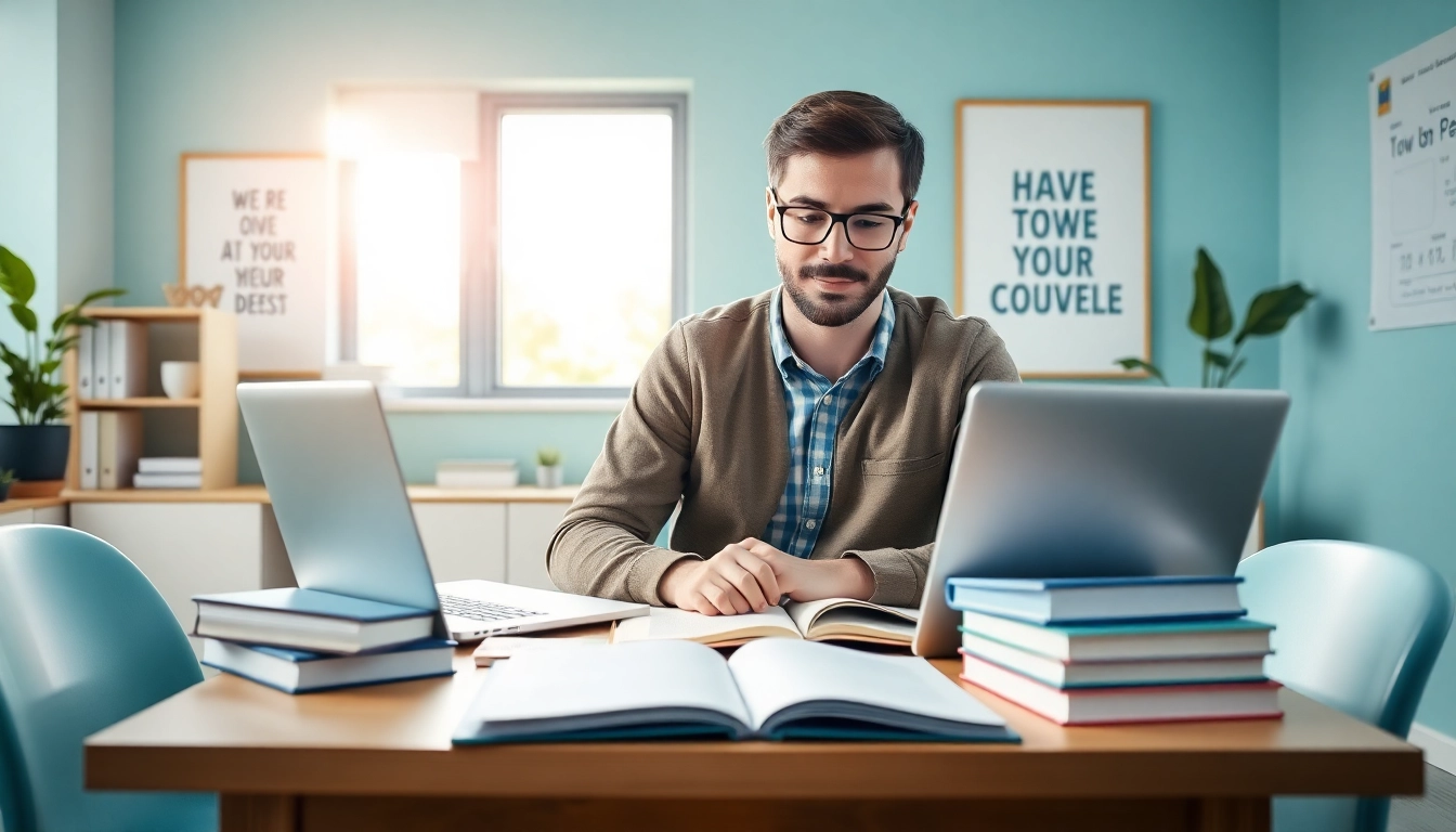 Pay someone to take toefl in a study space with textbooks and a laptop.