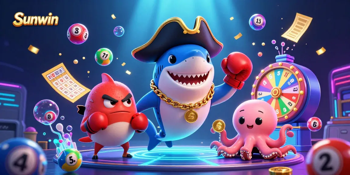 Sunwin offers exciting fun with a pirate shark diving into vibrant casino games, showcasing the thrill of gaming.