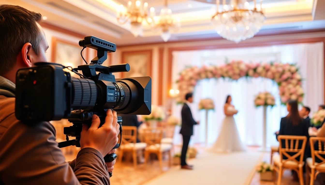 Event videography capturing a videographer at a wedding, highlighting vibrant decorations.