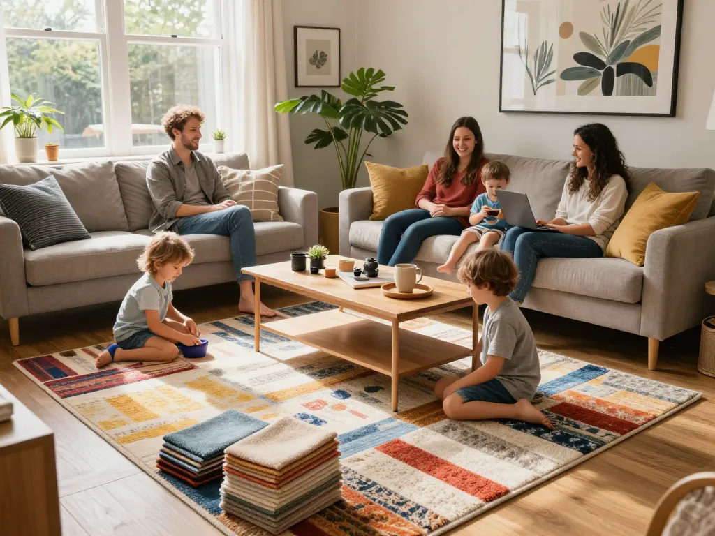 Discover affordable carpets London in a cozy living room with family and colorful rugs.