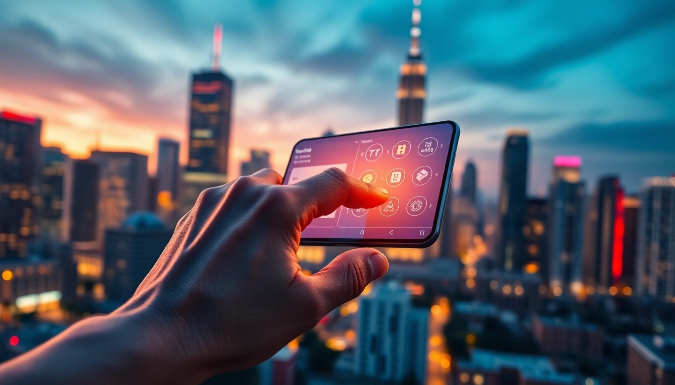 Interact with a Crypto Wallet showcasing cutting-edge features and sleek design against a vibrant city backdrop.