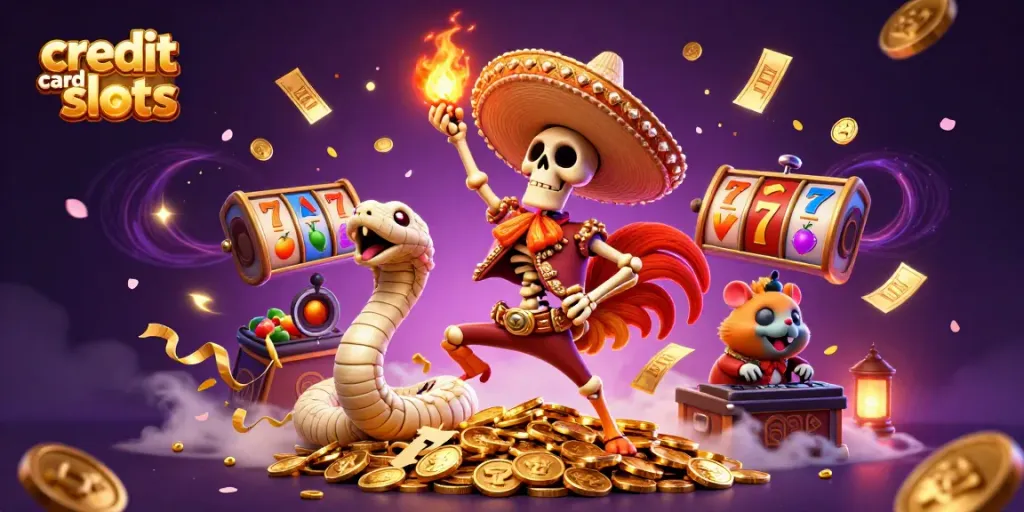 A vibrant 3D illustration showing credit card slots with characters dancing in celebration over piles of coins amidst spinning slot reels and lucky symbols.