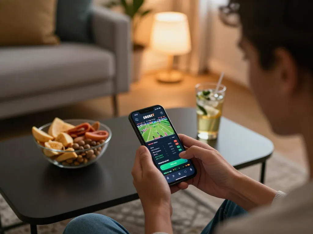 Aplikasi SBOBET ditampilkan di smartphone untuk analisis taruhan olahraga langsung dalam suasana ruang tamu modern yang nyaman.