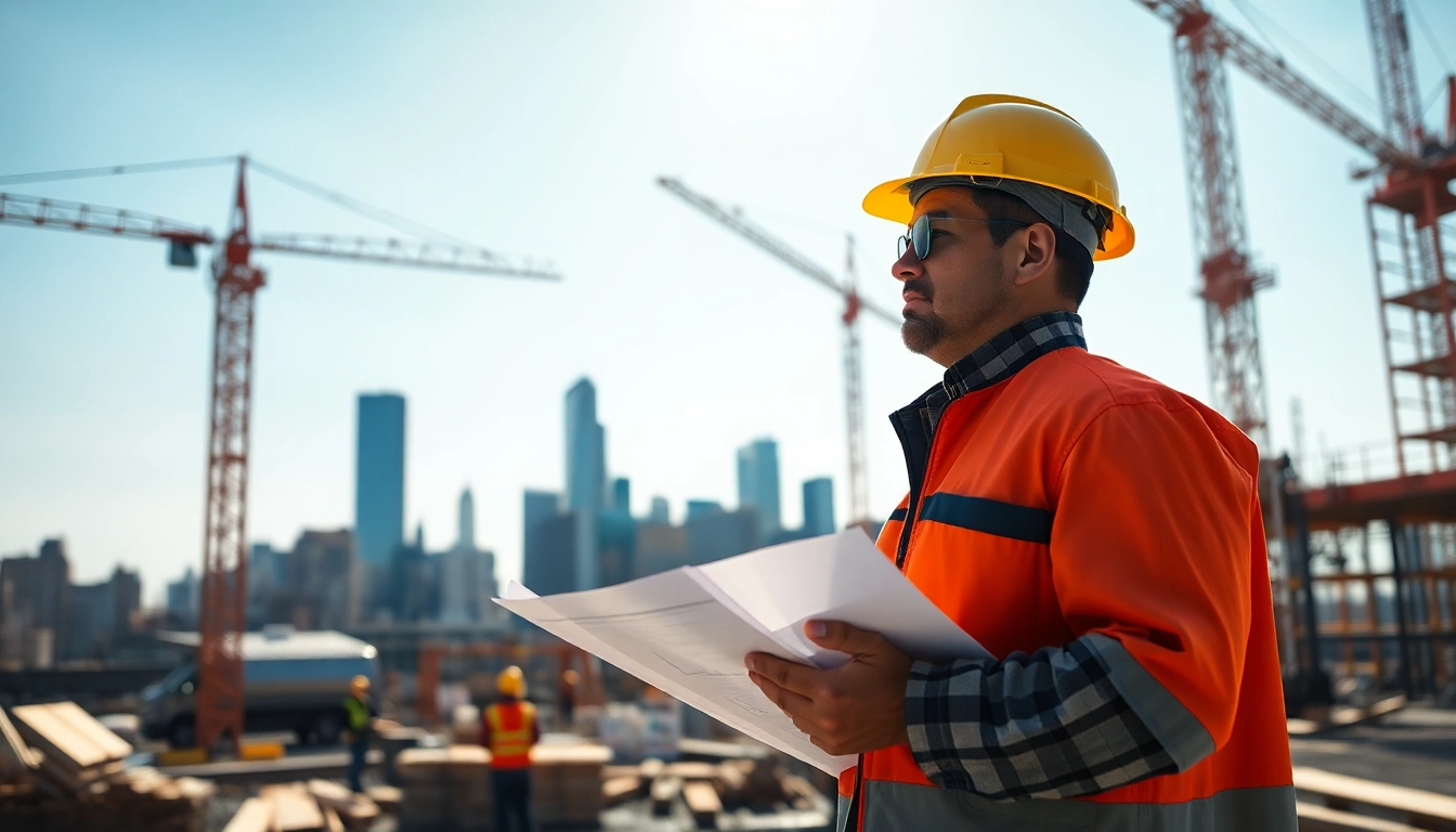 New York Construction Manager directing a construction site with cranes and workers.