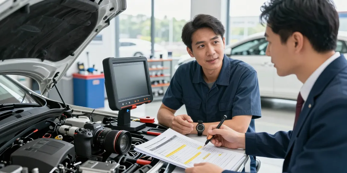 Mechanic checking vehicle history report using autocheck during customer consultation.