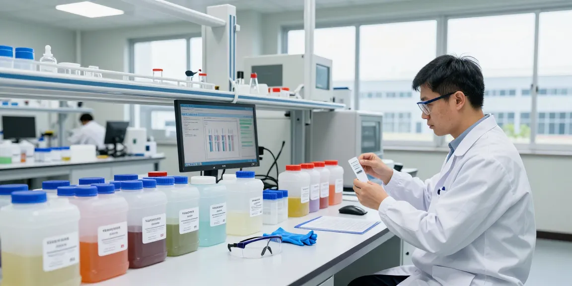Cheap industrial chemicals supplier technician checking samples in a modern lab.