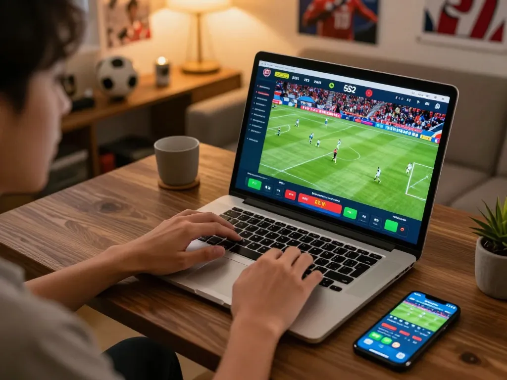 xem trực tiếp bóng đá hôm nay with an engaging online betting scene, showcasing a fan wagering on live matches.