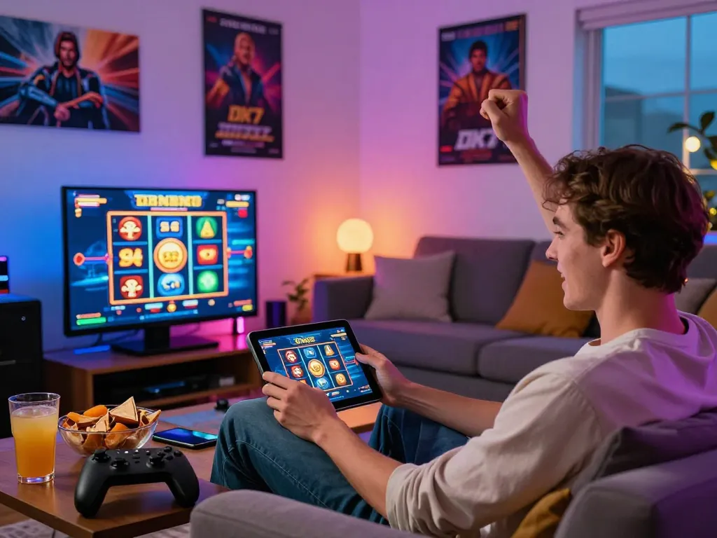Exciting gaming moment with dk7 slot on a tablet in a cozy modern living room
