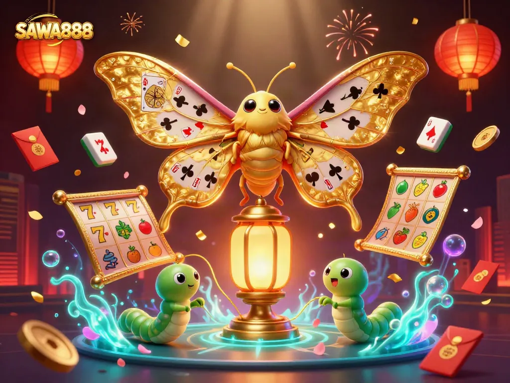 SAWA888 showcases a vibrant casino scene with dynamic slot reels and a majestic moth design.