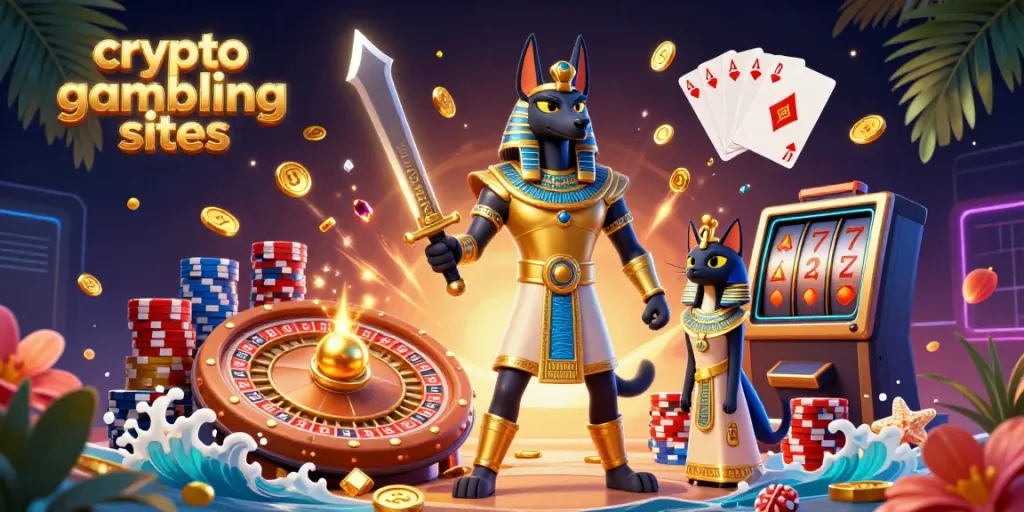 Experience the excitement of crypto gambling sites with Anubis and Bastet in this dynamic digital art.