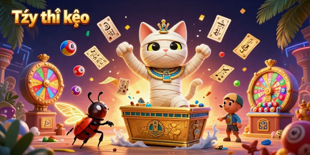 Experience Tỷ lệ kèo with a vibrant scene featuring a cartoon mummy cat in a pyramid casino.