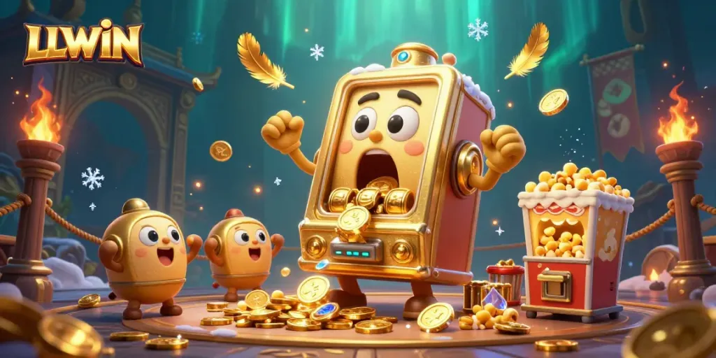 LLWIN slot machine celebrating a jackpot with coins exploding, embodying fun and excitement in an online casino.