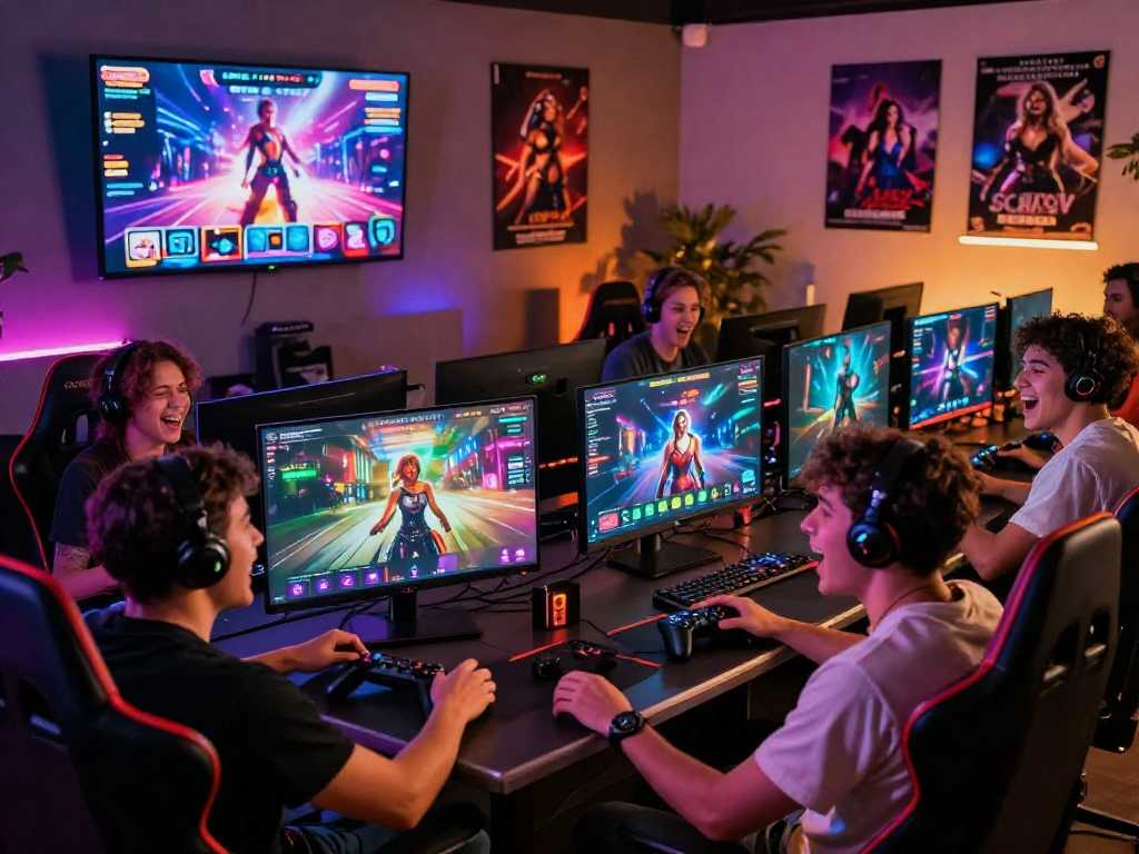 Group of gamers enjoying online sex games in an engaging atmosphere