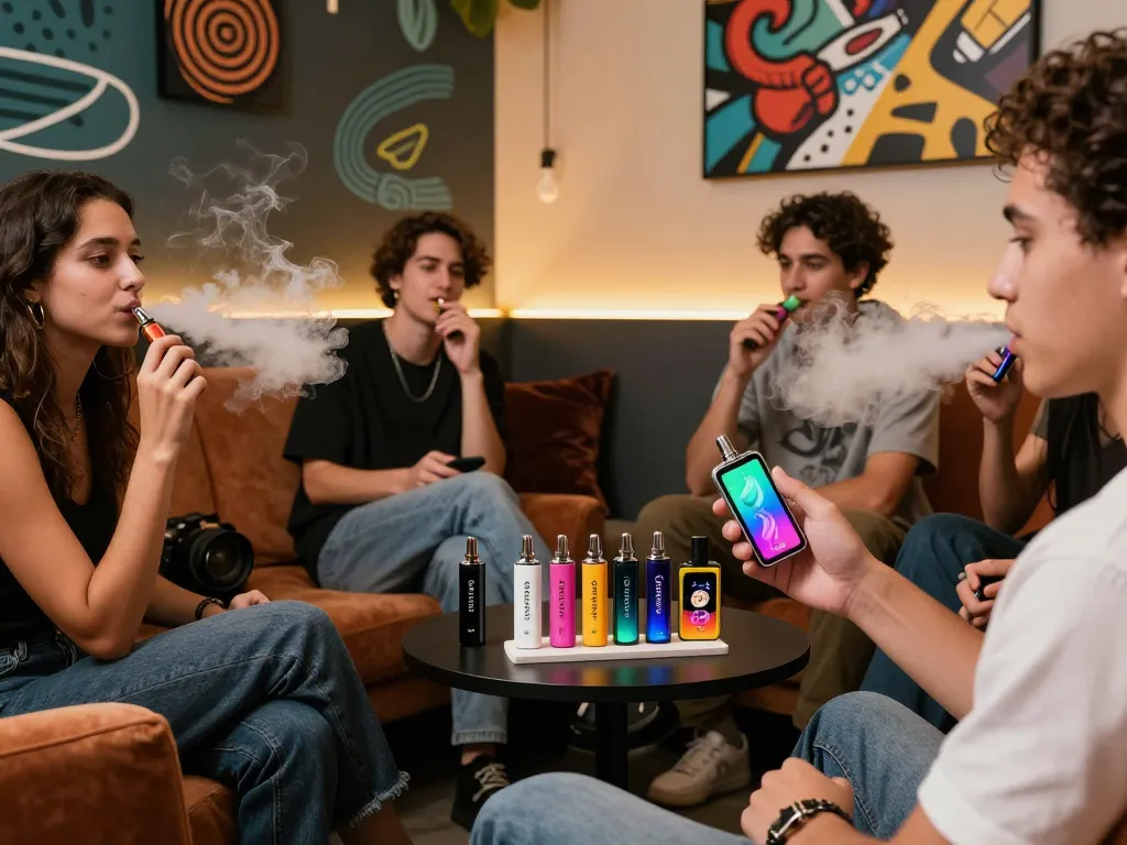 Friends enjoying Clean Carts Disposable in a stylish vaping lounge with vibrant flavors.