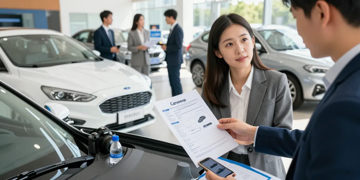 Car buyer reviewing Carpeep report as HPI check alternative at dealership.