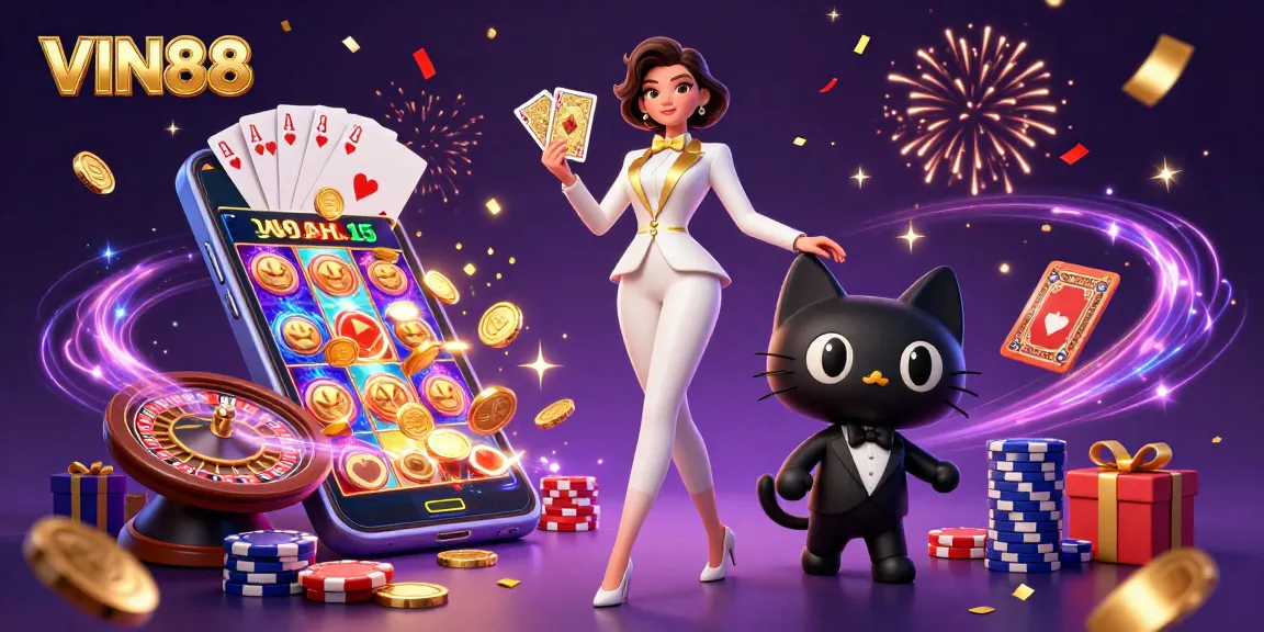 Experience VIN88 gaming as a glamorous dealer shuffles cards, surrounded by vibrant casino elements.