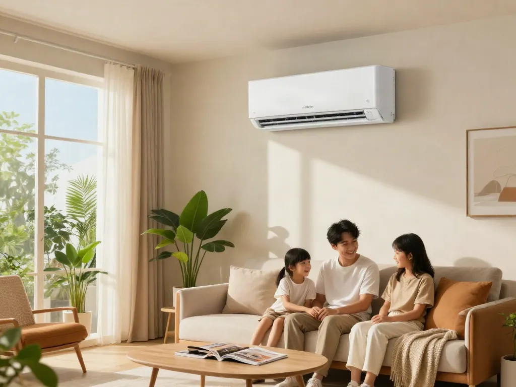 Cozy living room with a 2400 btu mini split air conditioning unit, sunlight streaming through, showcasing modern comfort.