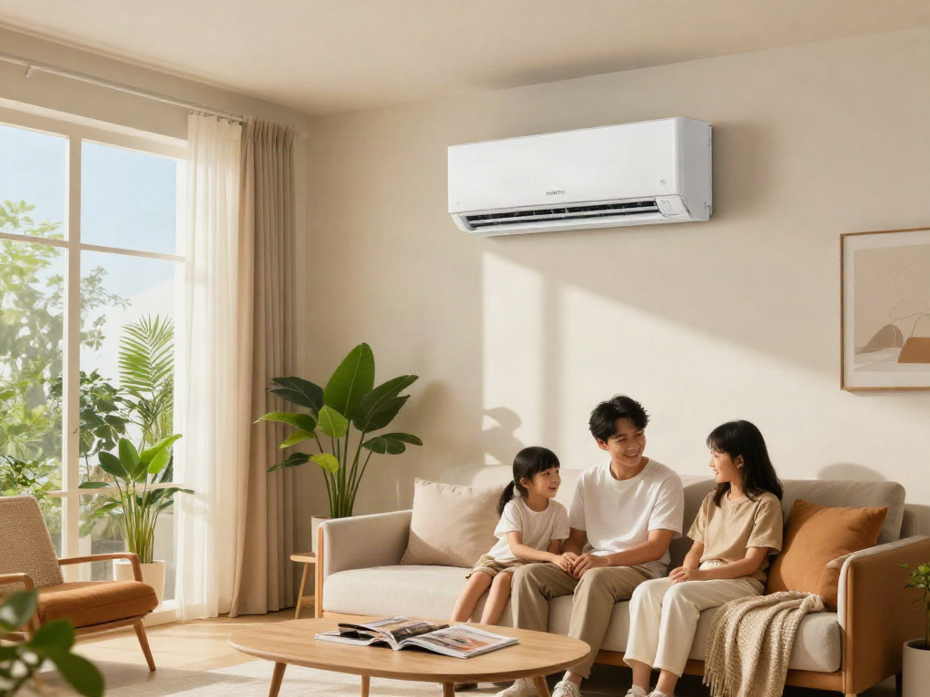 Cozy living room with a 2400 btu mini split air conditioning unit, sunlight streaming through, showcasing modern comfort.