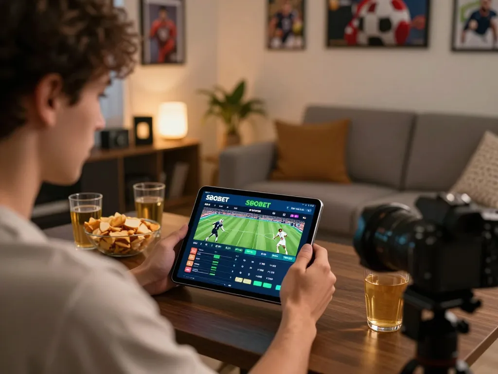Antarmuka aplikasi taruhan olahraga mobile SBOBET yang ditampilkan di tablet saat menikmati malam permainan.