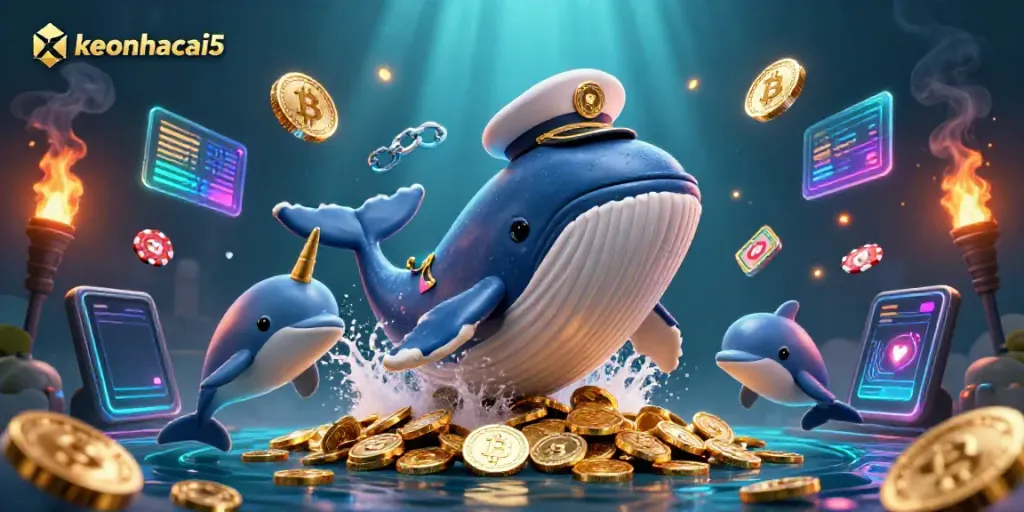 Experience the thrilling underwater adventure of keonhacai5 with a whale, narwhal, and dolphins amidst glowing crypto coins.