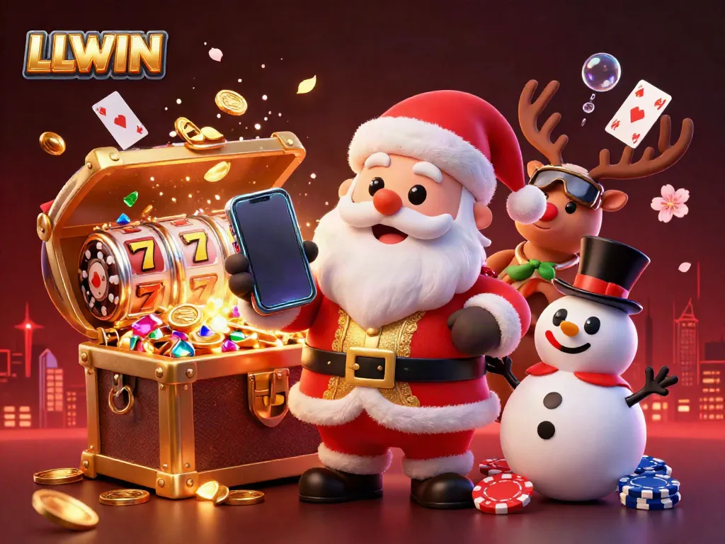 Experience LLWIN's vibrant online casino world with Santa, reindeer, and snowman in a dynamic 3D scene.