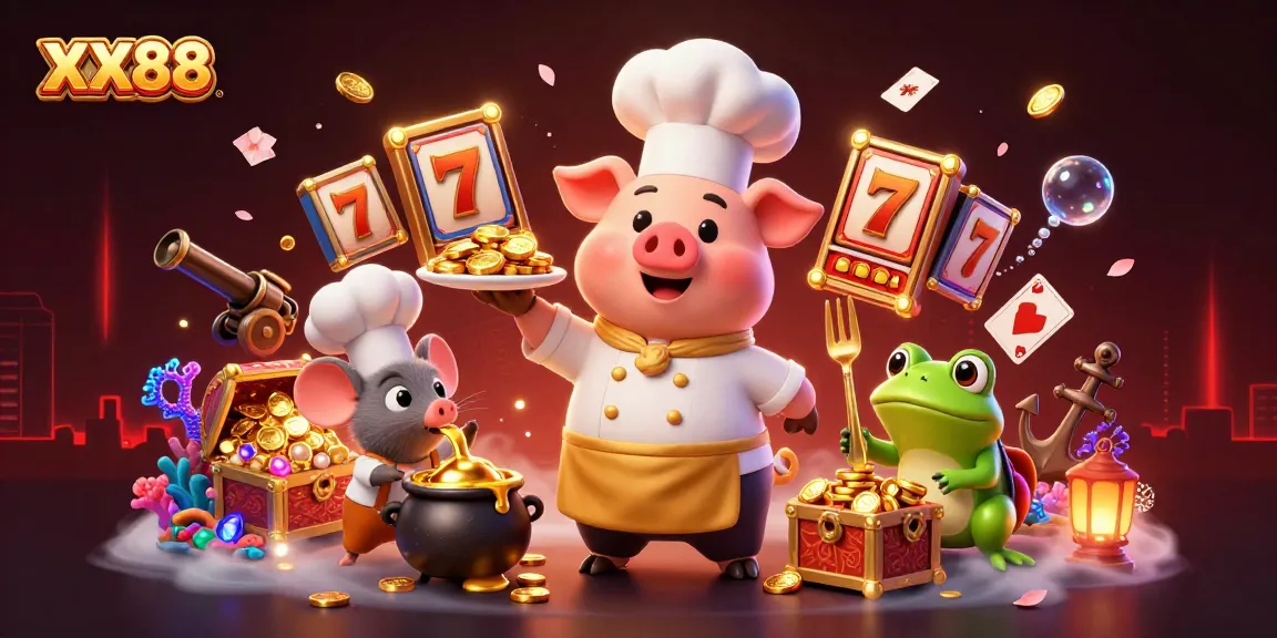 Engage with the winning excitement of XX88, showcasing a vibrant casino scene full of gold coins, games, and animated characters.