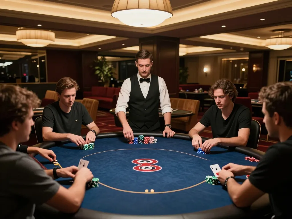 Players strategizing at a high-stakes poker table in 88xeng's luxurious casino