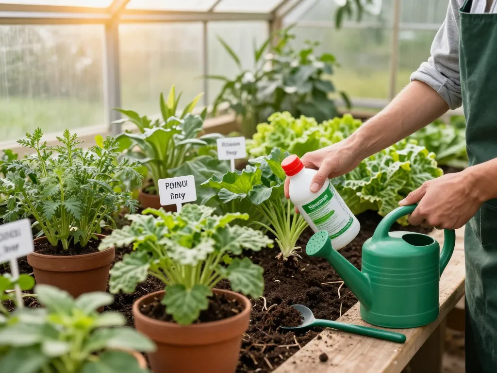 Jardinero aplicando fertilizante en un invernadero brillante con plantas saludables.