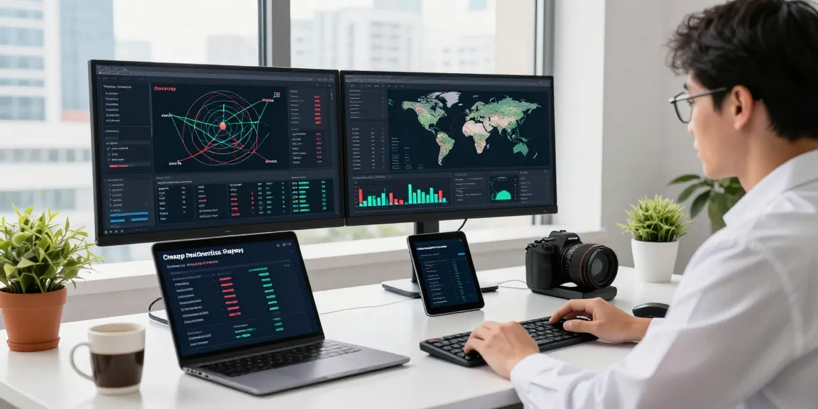 Data scientist utilizing cheap residential proxies on multiple monitors in a modern office.