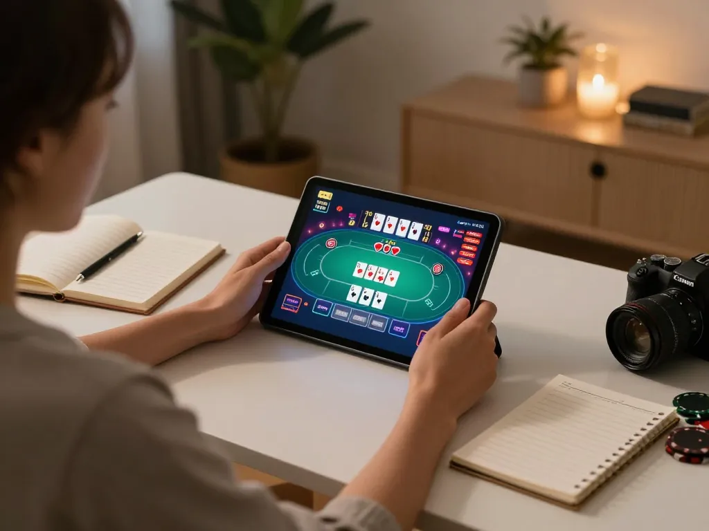 88VIN player enjoying online poker on tablet at cozy home desk, emphasizing responsible gaming.