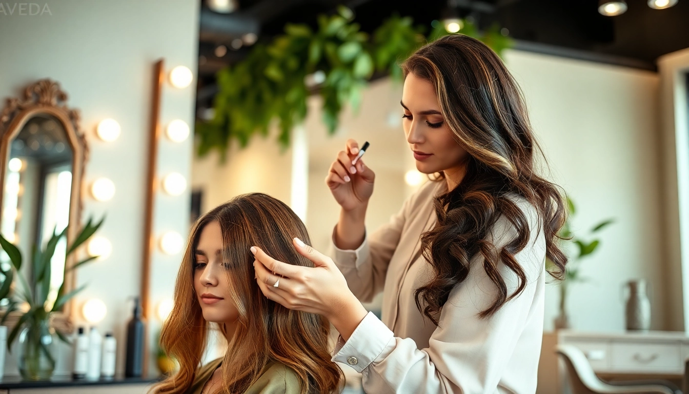 Aveda salon San Diego showcasing a stylist applying highlights with a calming atmosphere.