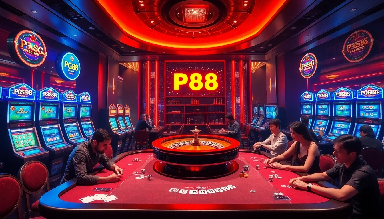 pg88 casino players enjoying thrilling games at luxury tables and slot machines