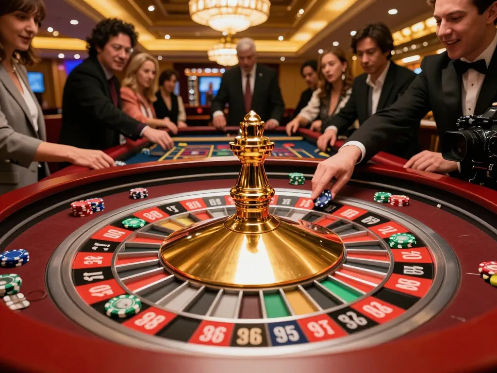 Players engaging in thrilling roulette gameplay at FC88 casino, vibrant colors and ambient lighting