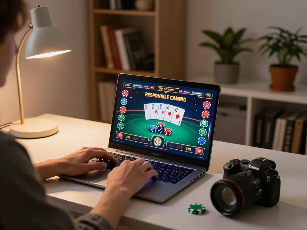 Player engaged in online FC88 poker game with vibrant interface on laptop, highlighting strategic gaming.
