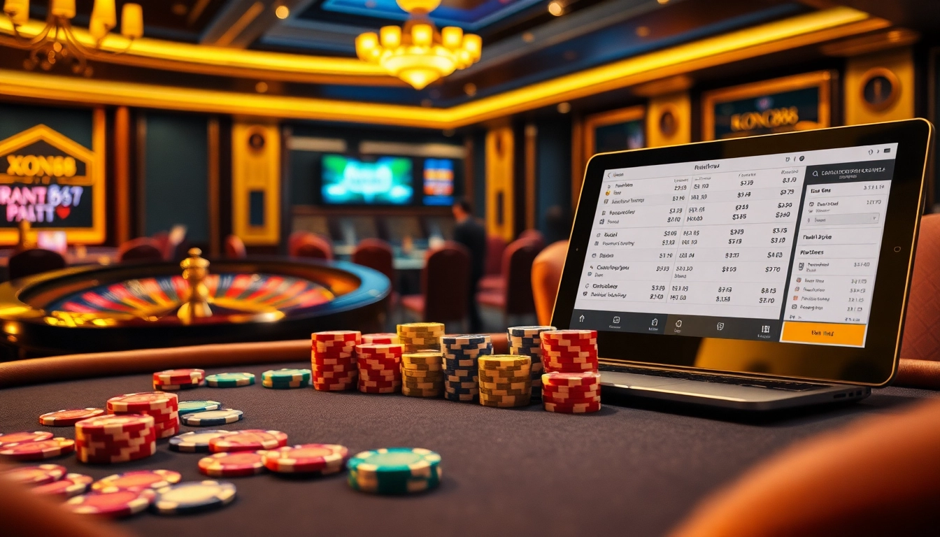 KONG88 players relish a thrilling poker game at a luxurious casino table.