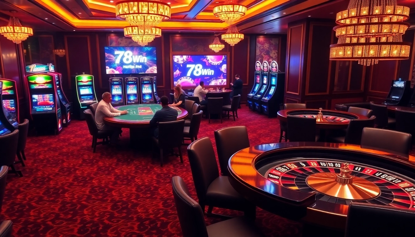 Experience the excitement of Nhà cái 78Win with players enjoying a luxurious casino environment filled with action.