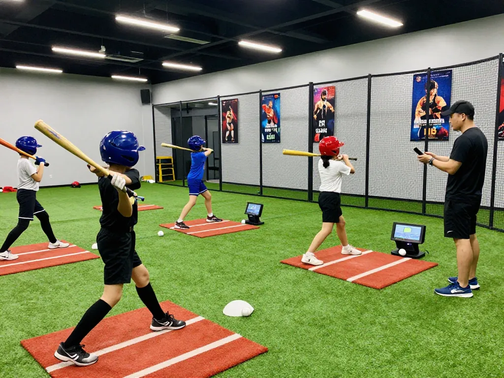 Young athletes training at hitclub batting cages with coaches providing guidance in a vibrant sports facility