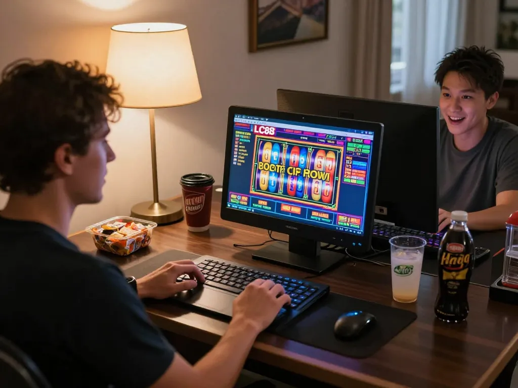 Player engaging with LC88 online casino slot machine, showcasing excitement during gameplay