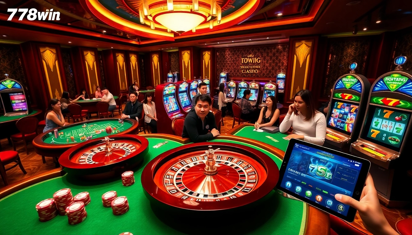 Exciting gaming at Nhà cái 78Win featuring vibrant casino tables, poker chips, and a roulette wheel.