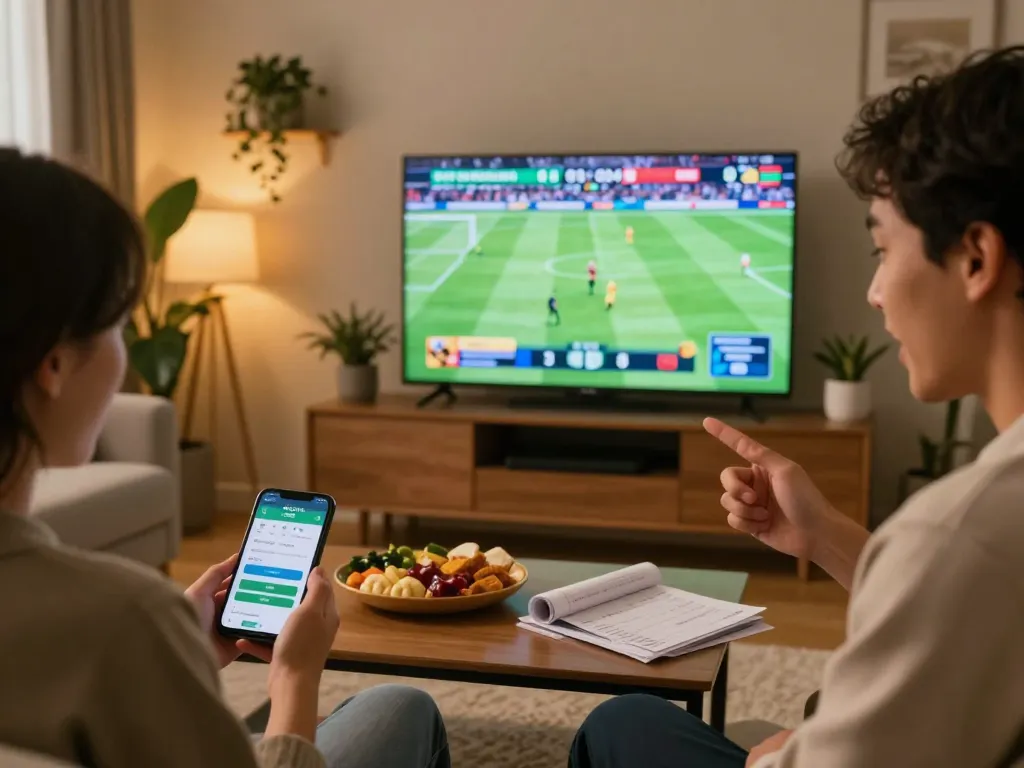 SOCOLIVE sports betting action captured in a cozy living room with smartphone and TV