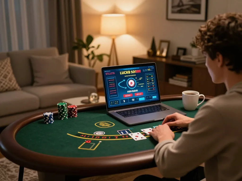 Engaging online blackjack gameplay on luck8 with cozy home setup and warm lighting.