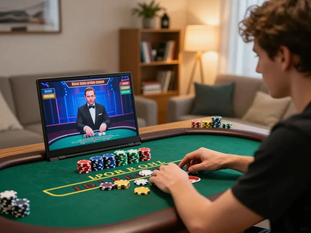 Engaged player at hitclub enjoying strategic blackjack session from home, vibrant gaming atmosphere and cozy setup.